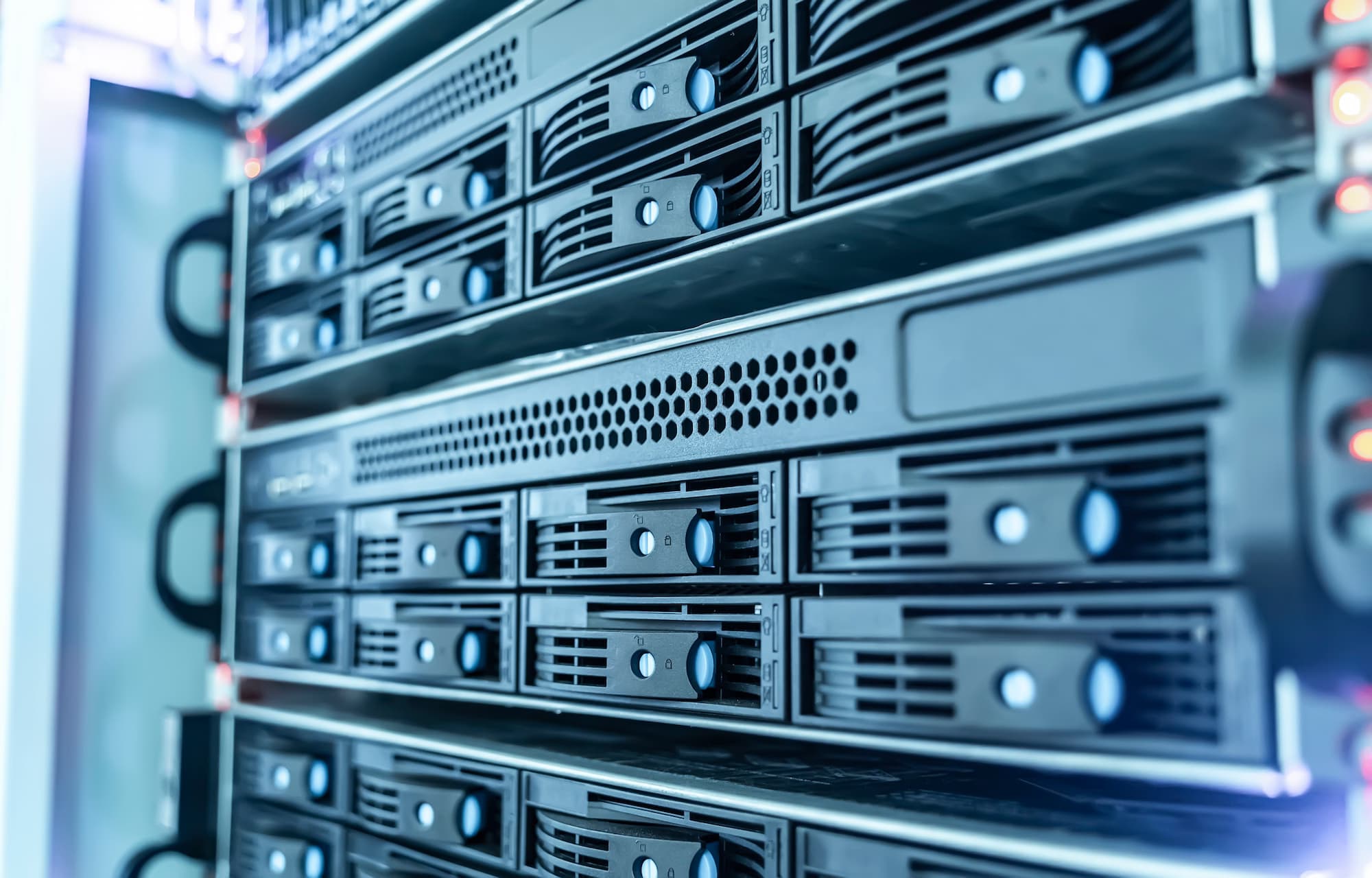 Close view of enterprise server drive bays in a rack