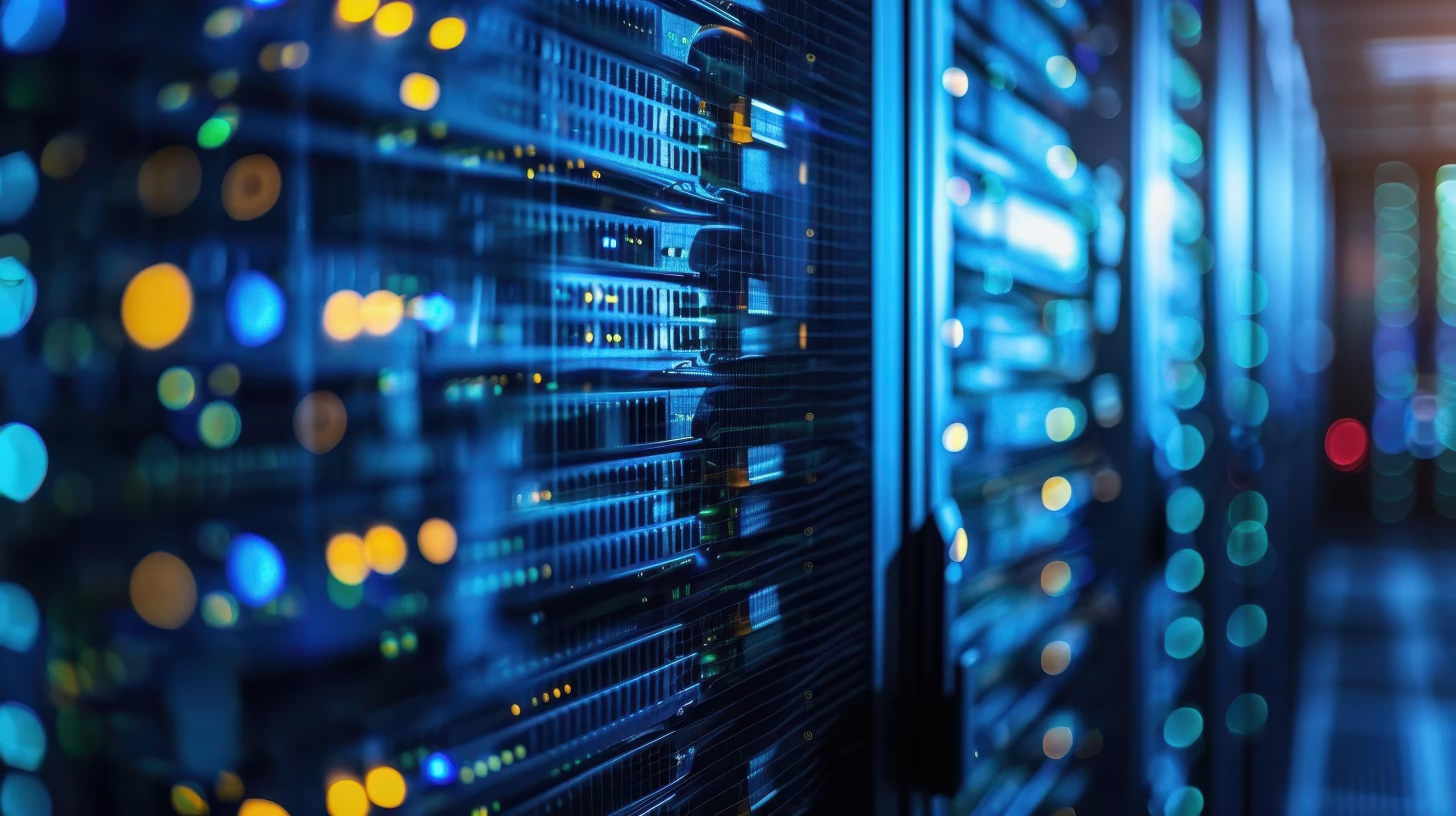 Close-up of database server racks with status indicator lights