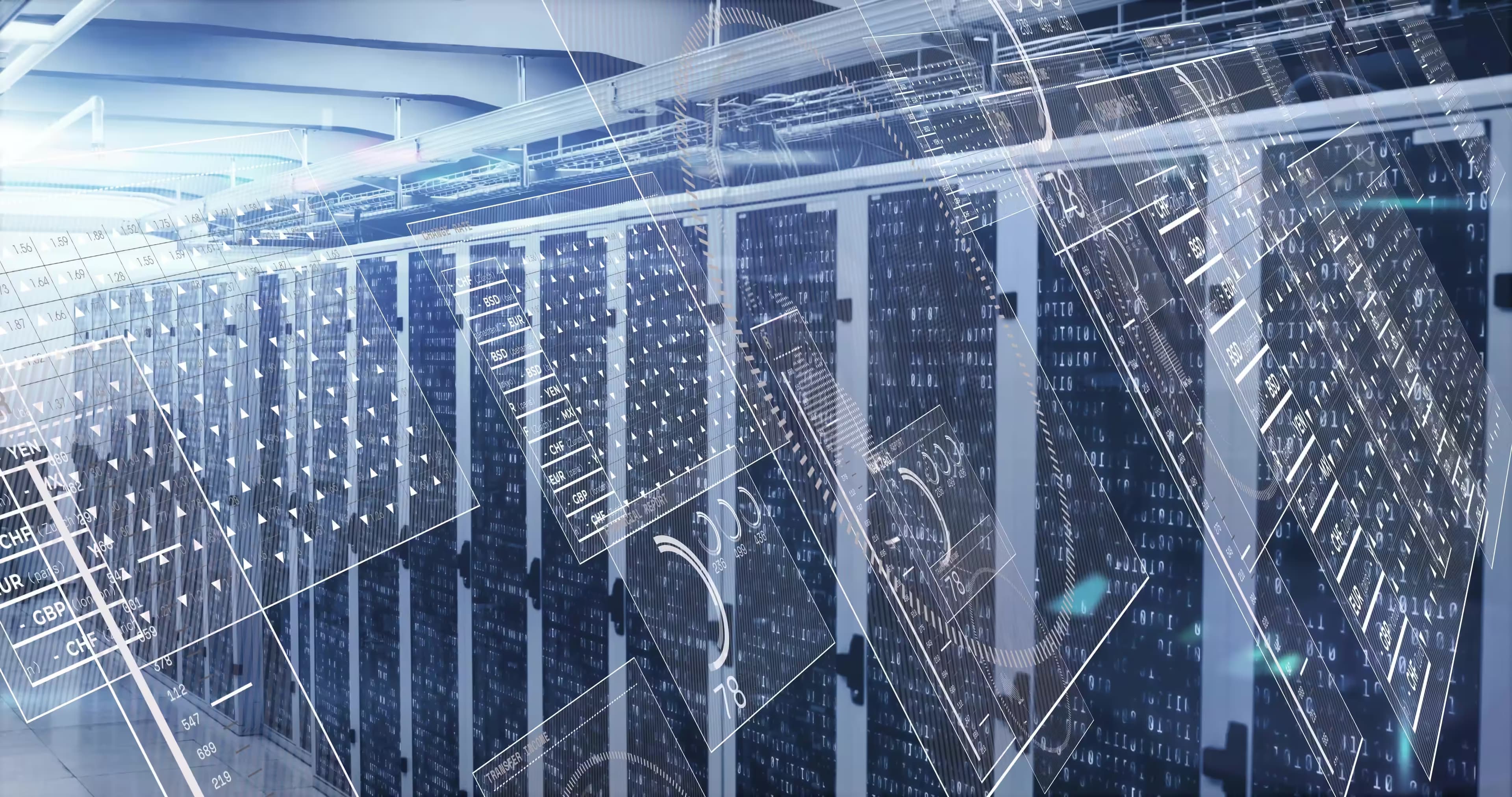 Data centre server rows with a data visualization overlay