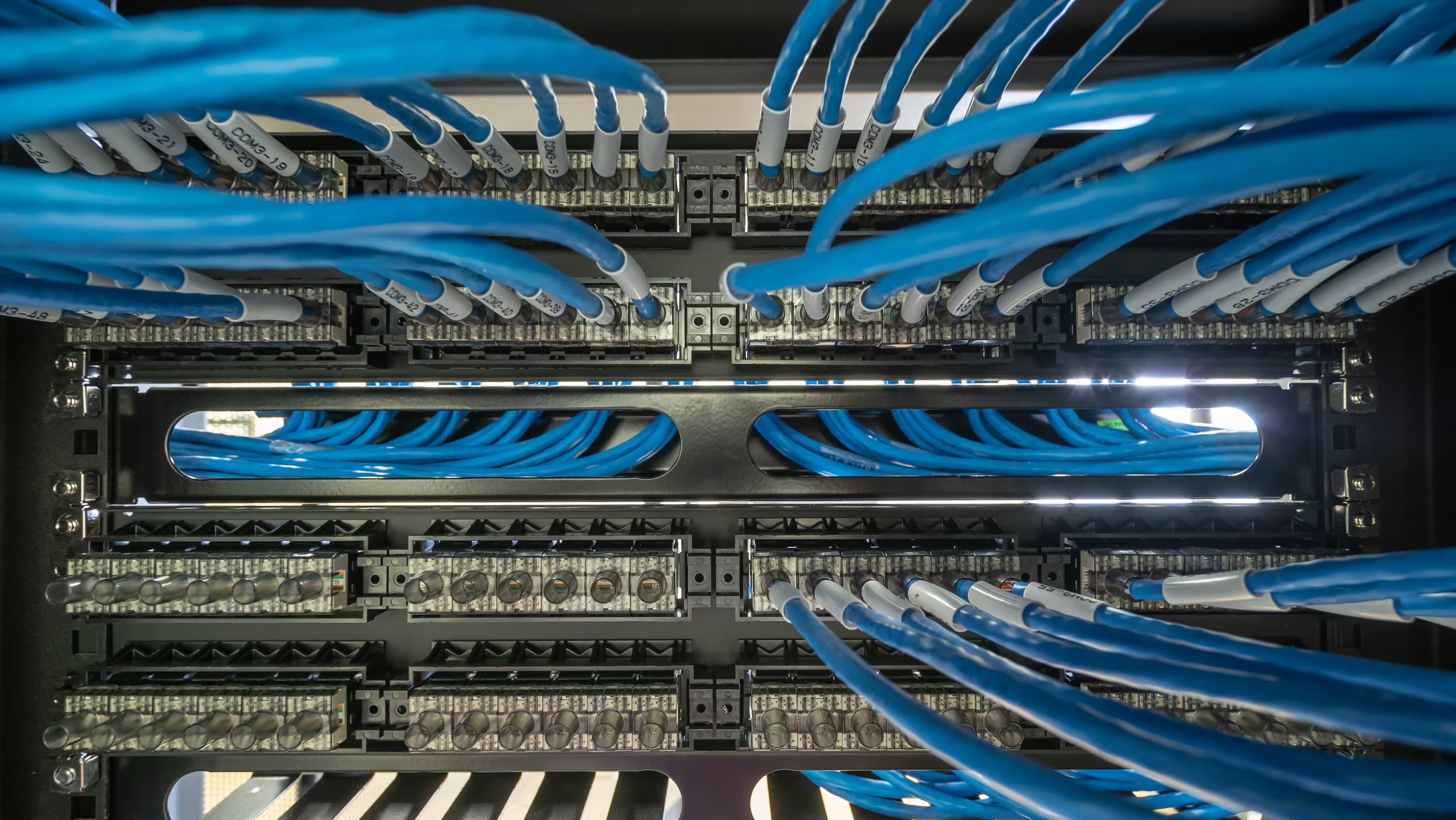 Labelled blue patch cables terminated into rack-mounted patch panels