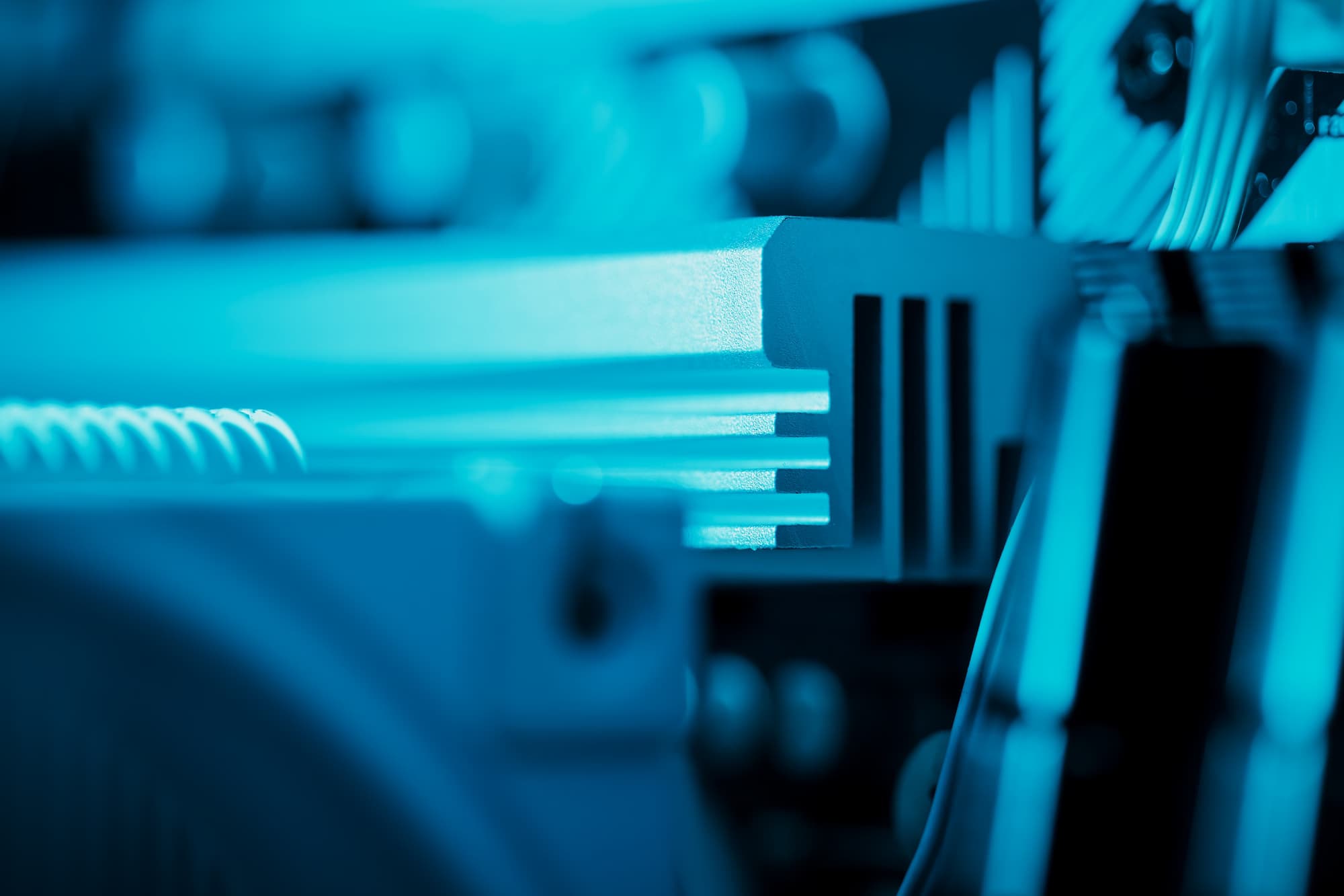Macro detail of a GPU heatsink and server internals