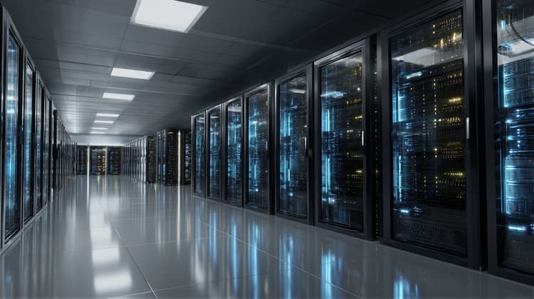 Long aisle of illuminated server racks in a data centre