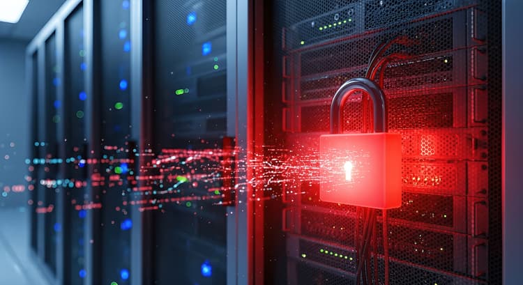 Data centre server rack lit in red with a glowing padlock and streaming data particles