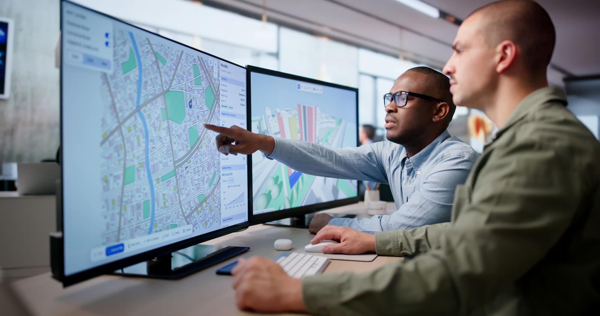 Two engineers reviewing site plans on dual monitors