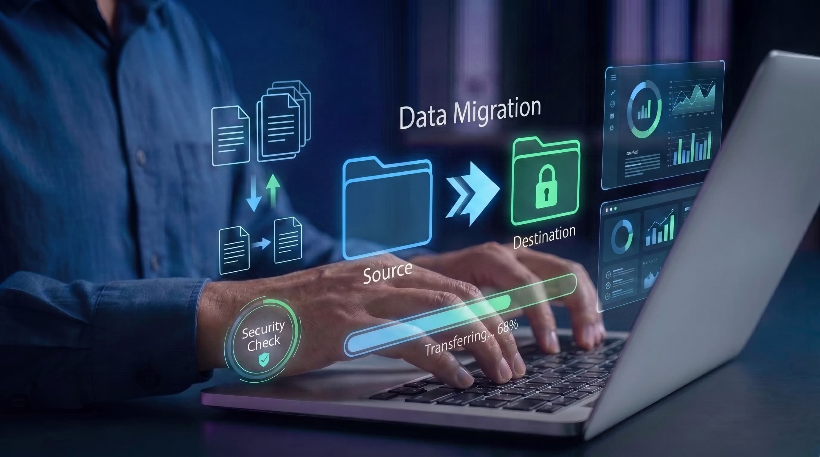 Hands typing on a laptop with a data migration source-to-destination transfer overlay