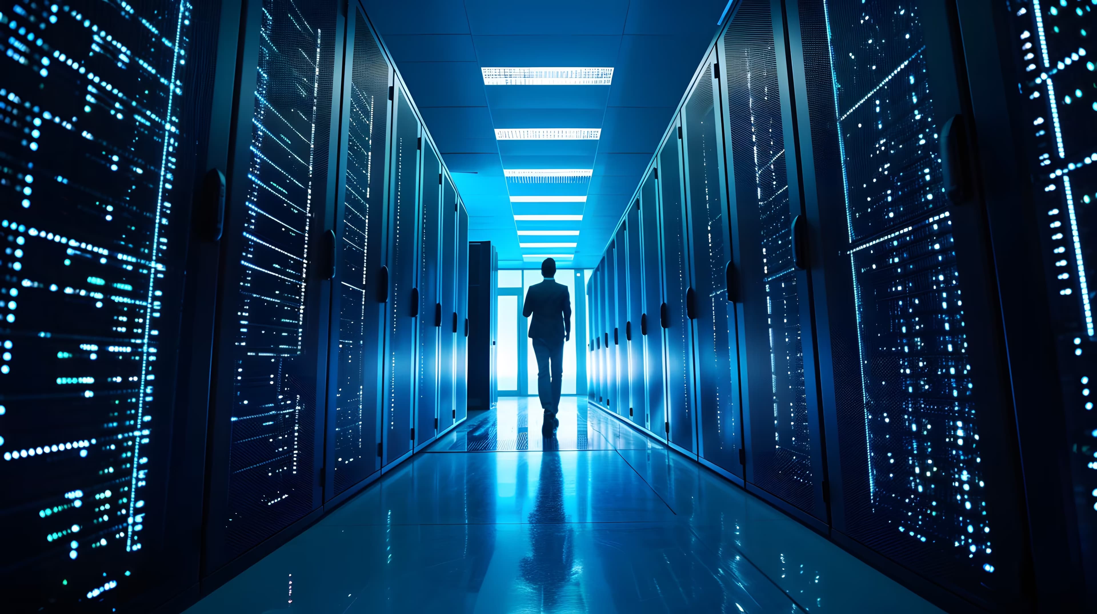 IT professional walking through a server room aisle