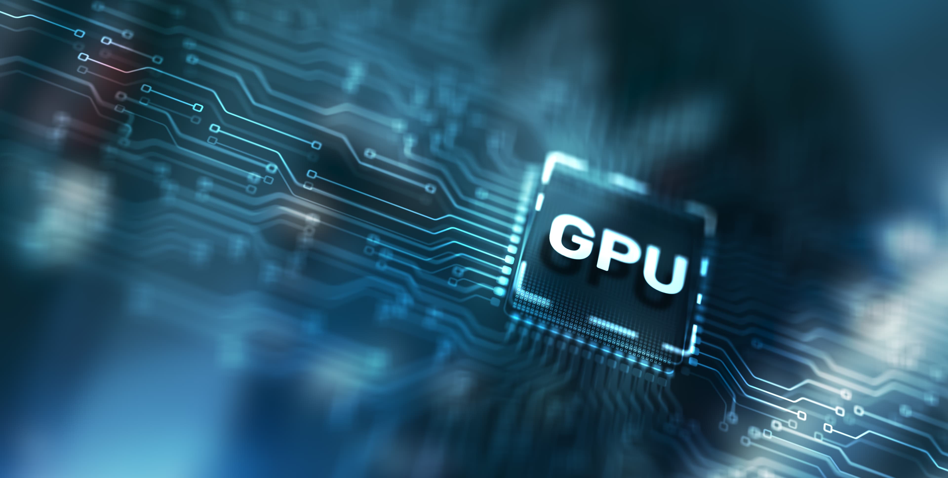 GPU chip on a circuit board with glowing data pathways