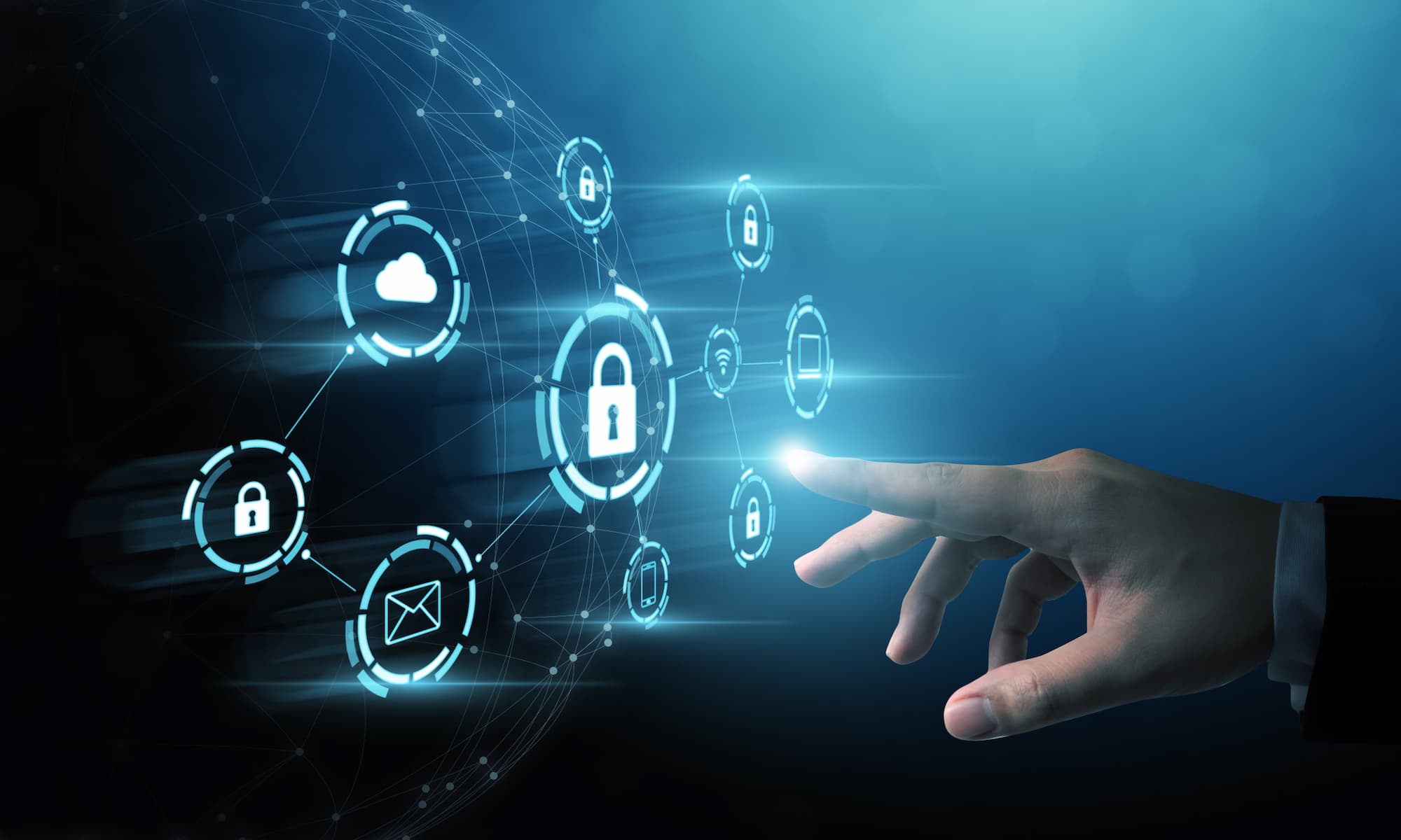 Hand touching a network of connected padlock and device icons representing security controls
